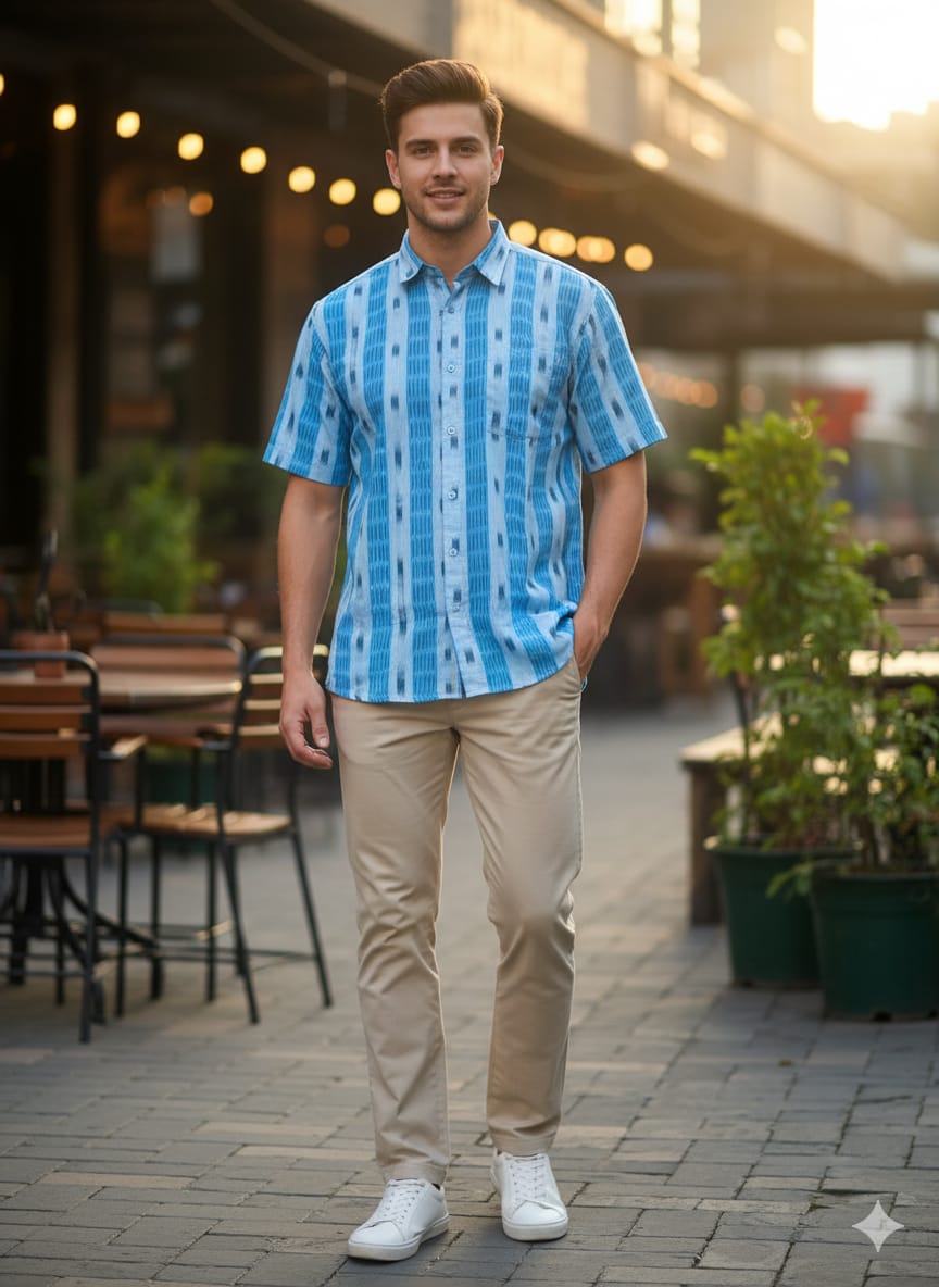 Copper Sulphate White Tipa Pasapali Odisha Handloom Men's Half Shirt