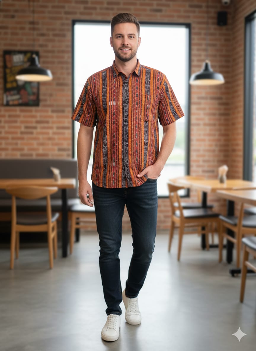 Black Orange Ikat Odisha Handloom Men's Half Shirt