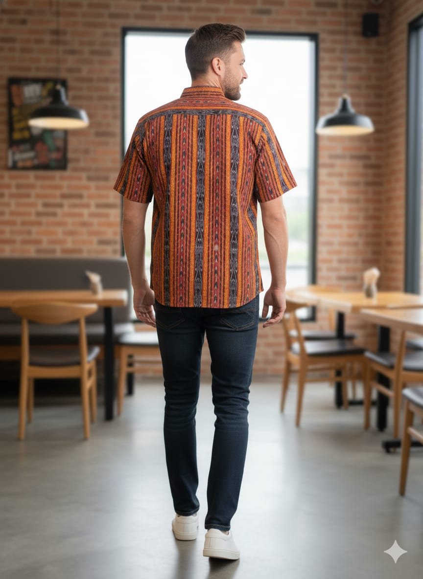 Black Orange Ikat Odisha Handloom Men's Half Shirt