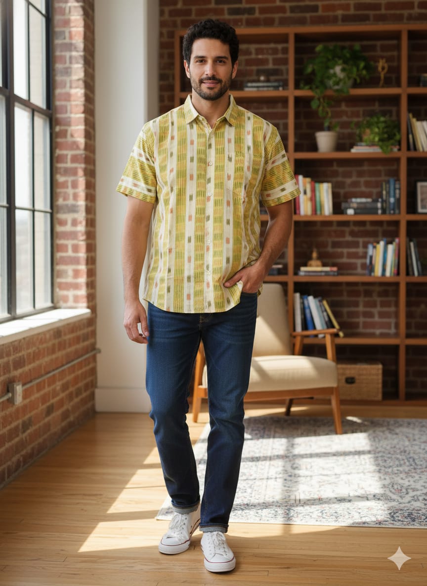 Light Yellow Green Tipa pasapali Odisha Handloom Men's Half Shirt