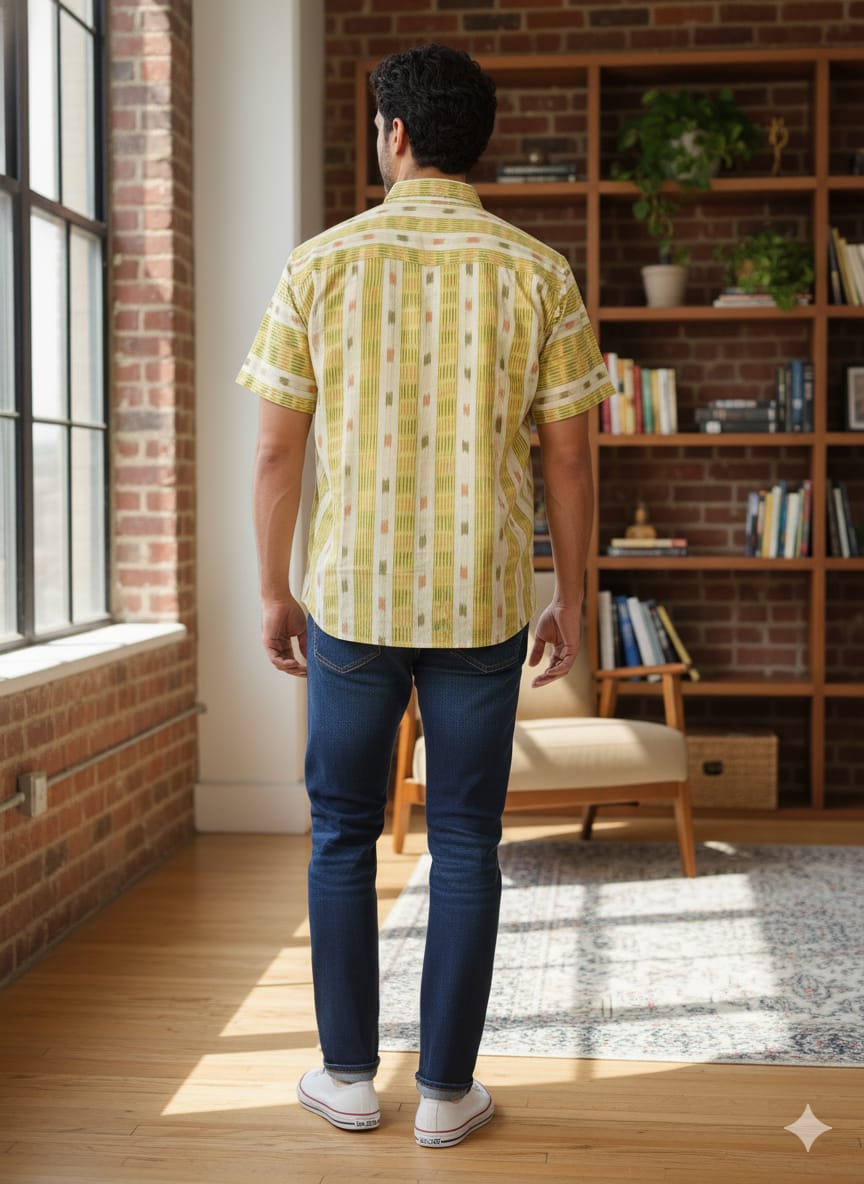 Light Yellow Green Tipa pasapali Odisha Handloom Men's Half Shirt