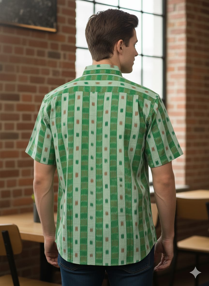 Green White Tipa pasapali Odisha Handloom Men's Half Shirt