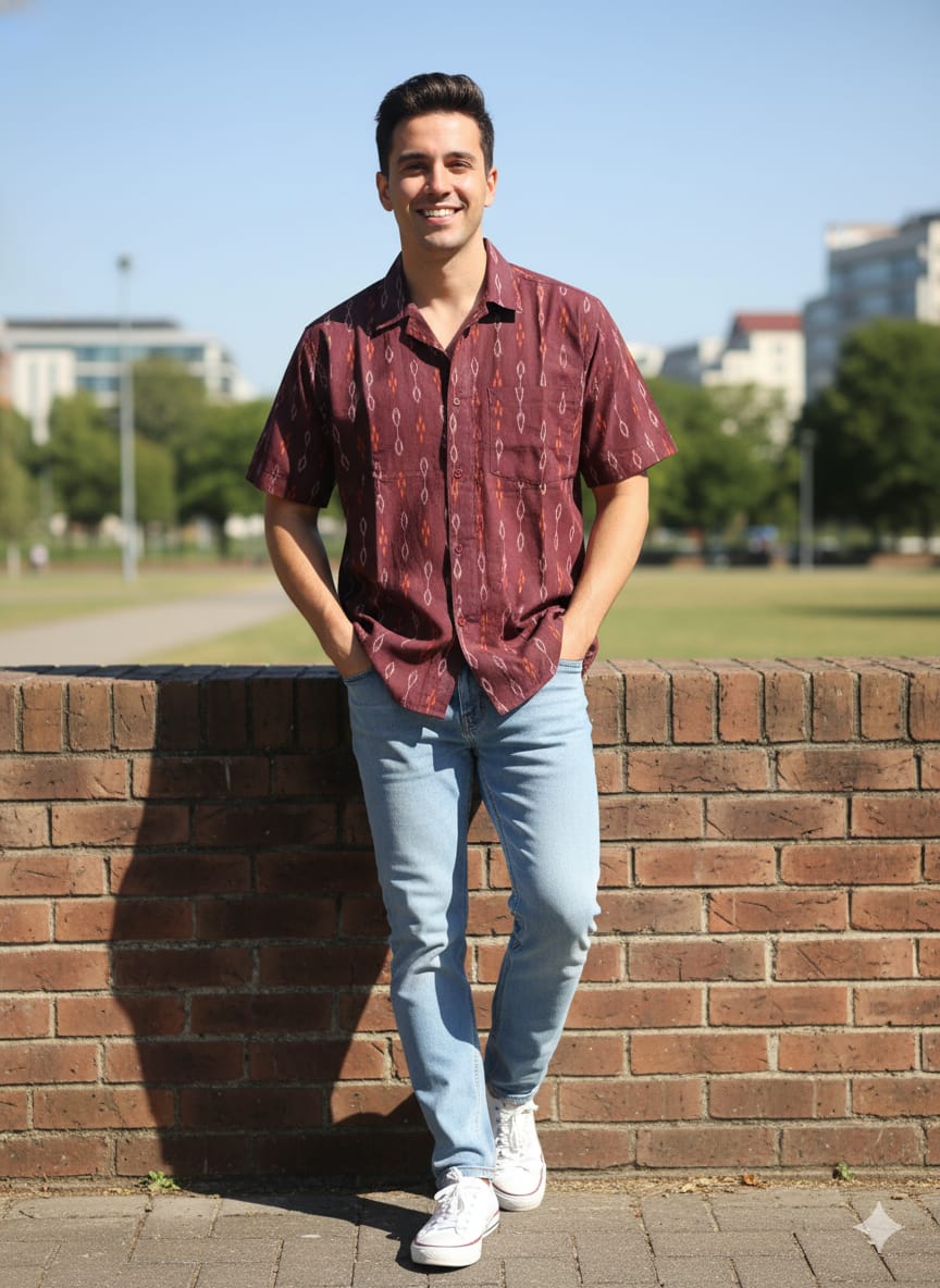 Maroon White Ikat  Odisha Handloom Men's Half Shirt