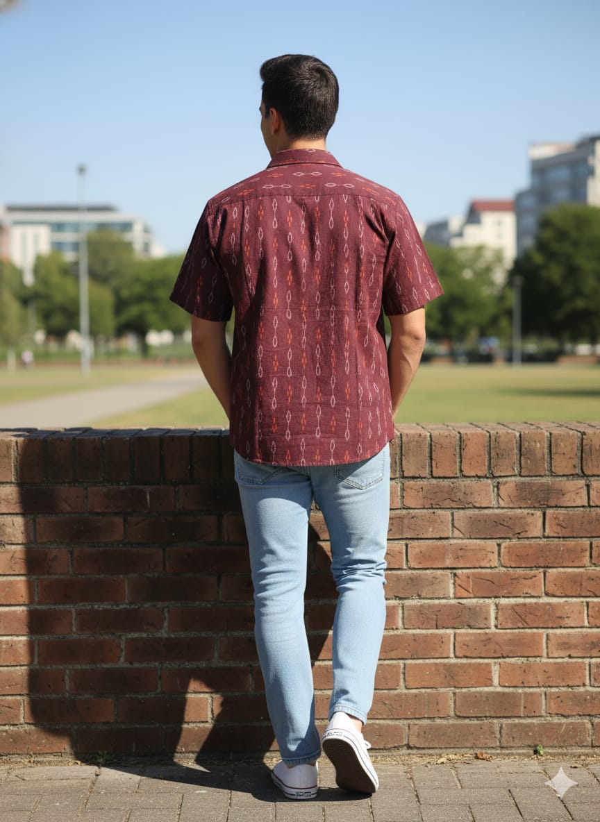 Maroon White Ikat  Odisha Handloom Men's Half Shirt