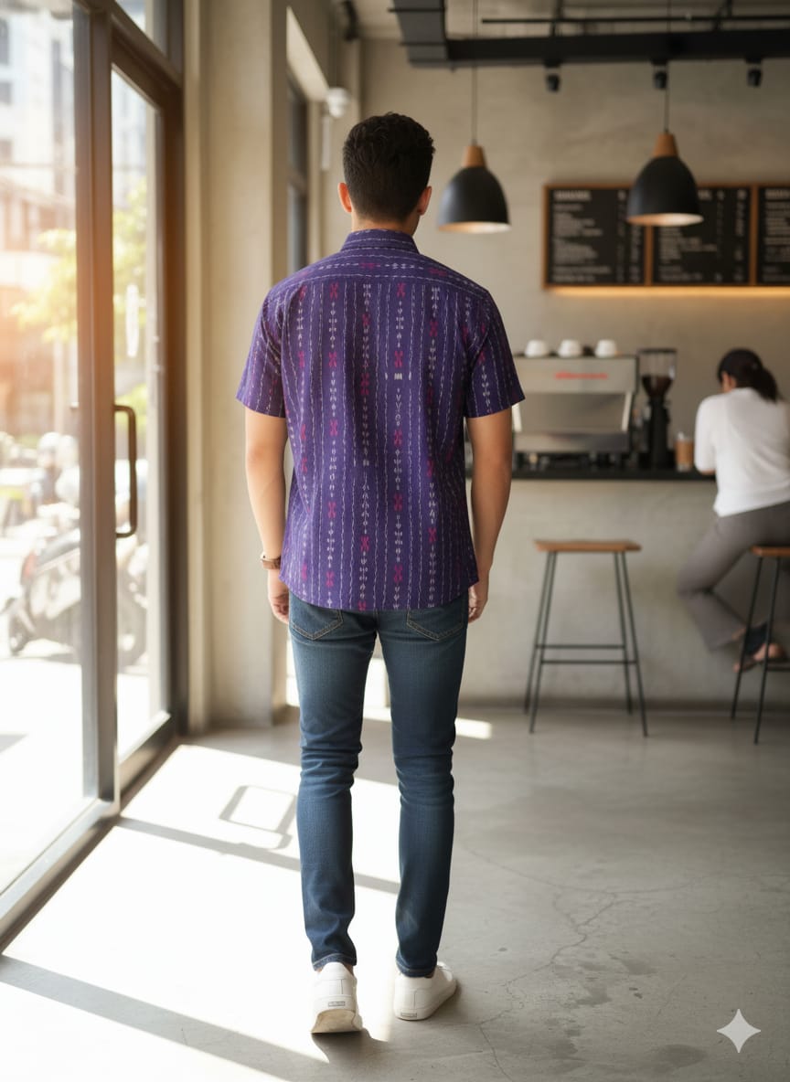 Navy Blue Magenta Lata Disign  Odisha Handloom Men's Half Shirt