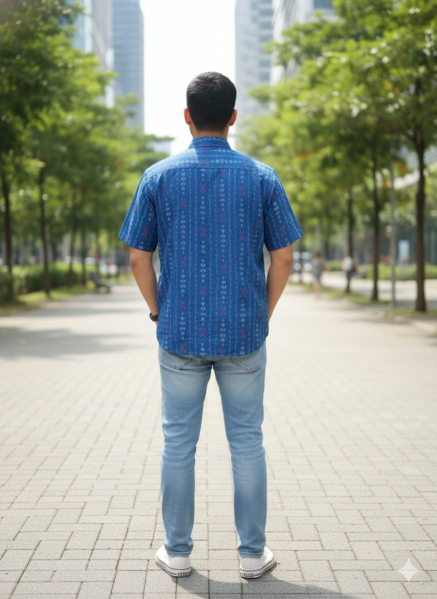 Indigo Blue Lata Disign  Odisha Handloom Men's Half Shirt