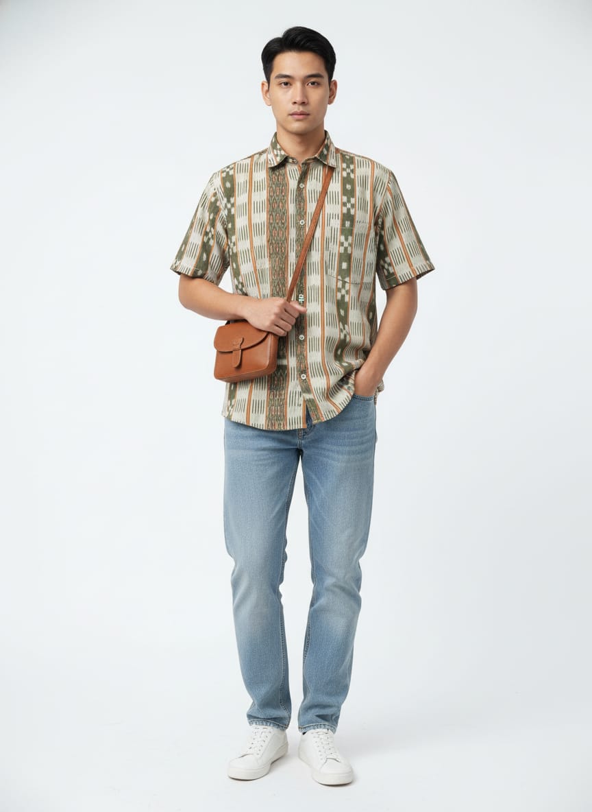 Mehendi Green  Checks Pasapali Odisha Handloom Men's Half Shirt