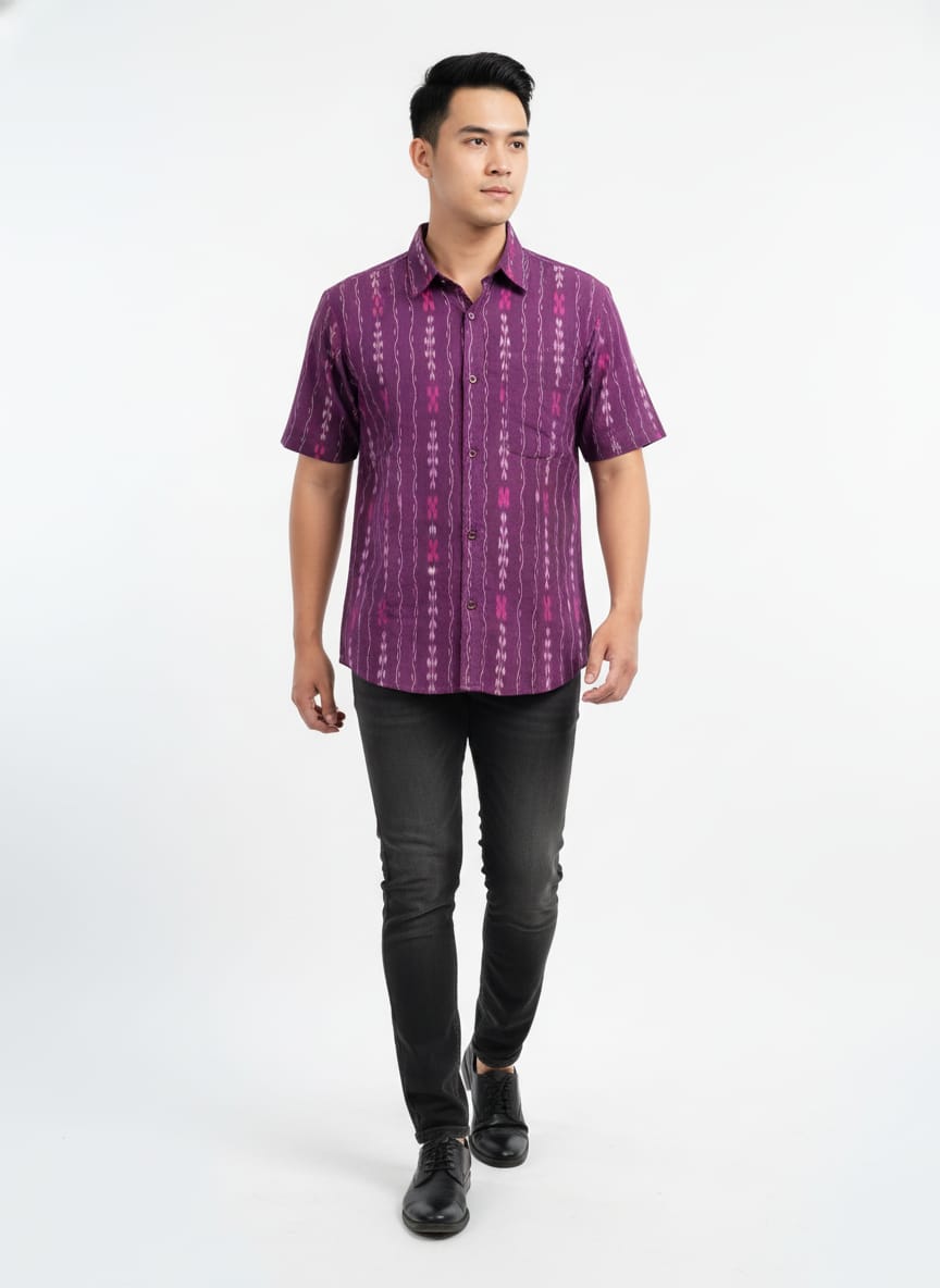 Purple White Lata Disign  Odisha Handloom Men's Half Shirt