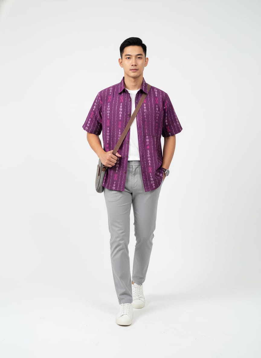 Purple White Lata Disign  Odisha Handloom Men's Half Shirt