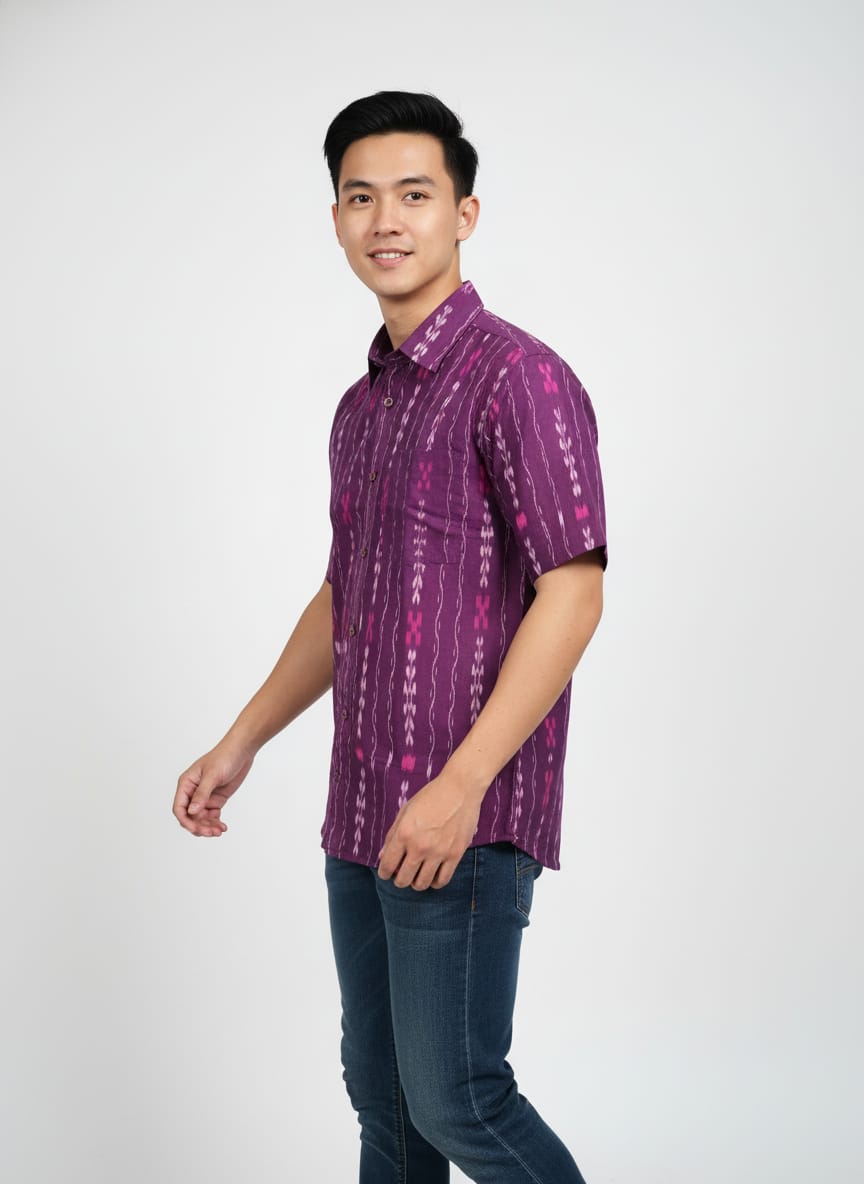 Purple White Lata Disign  Odisha Handloom Men's Half Shirt