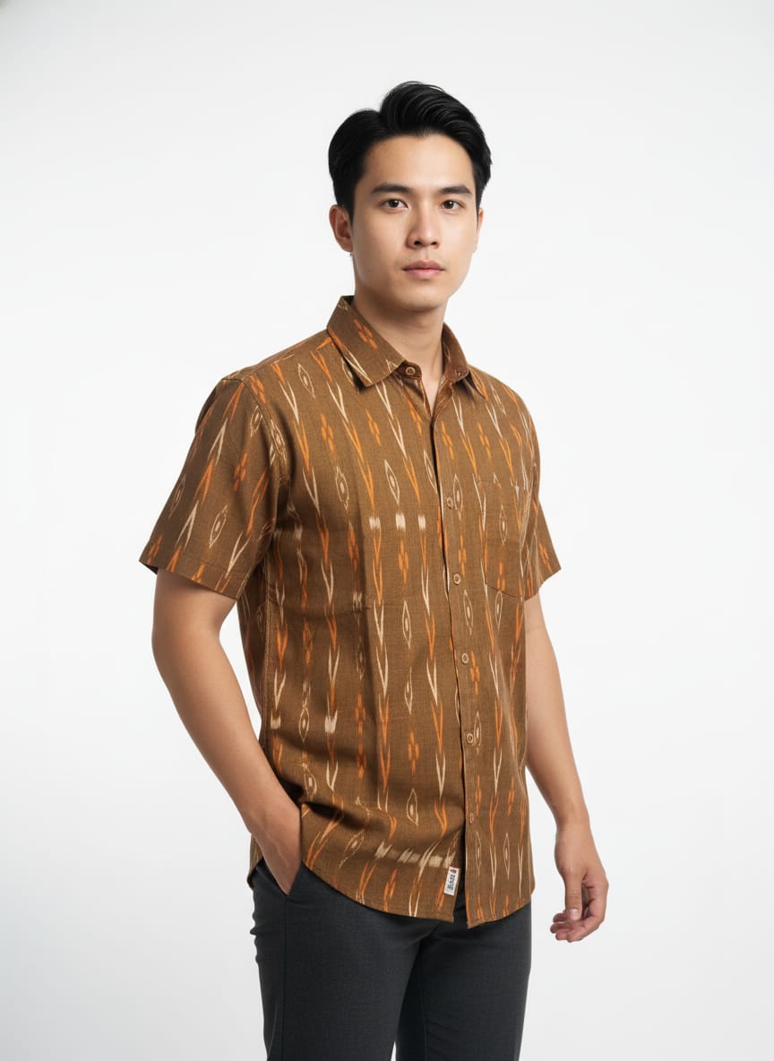 Mustard Yellow Ikat   Odisha Handloom Men's Half Shirt