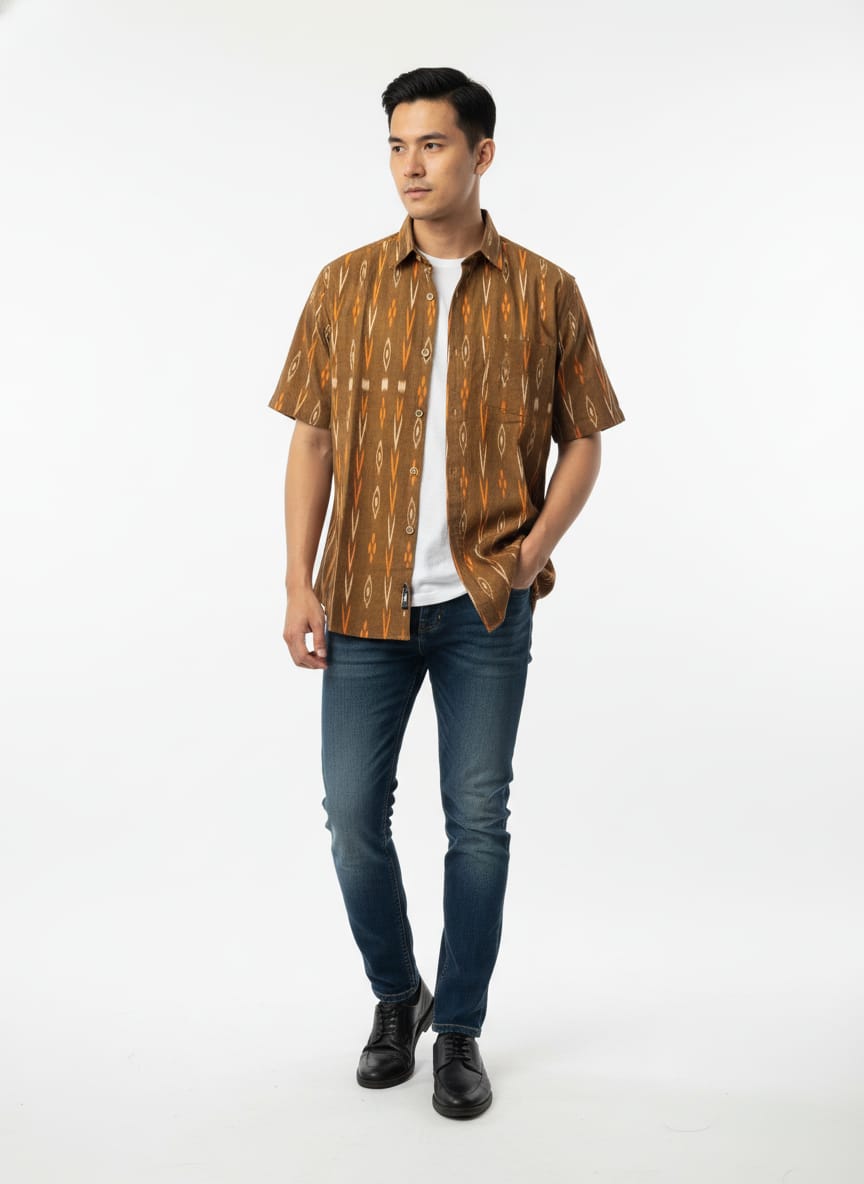 Mustard Yellow Ikat   Odisha Handloom Men's Half Shirt