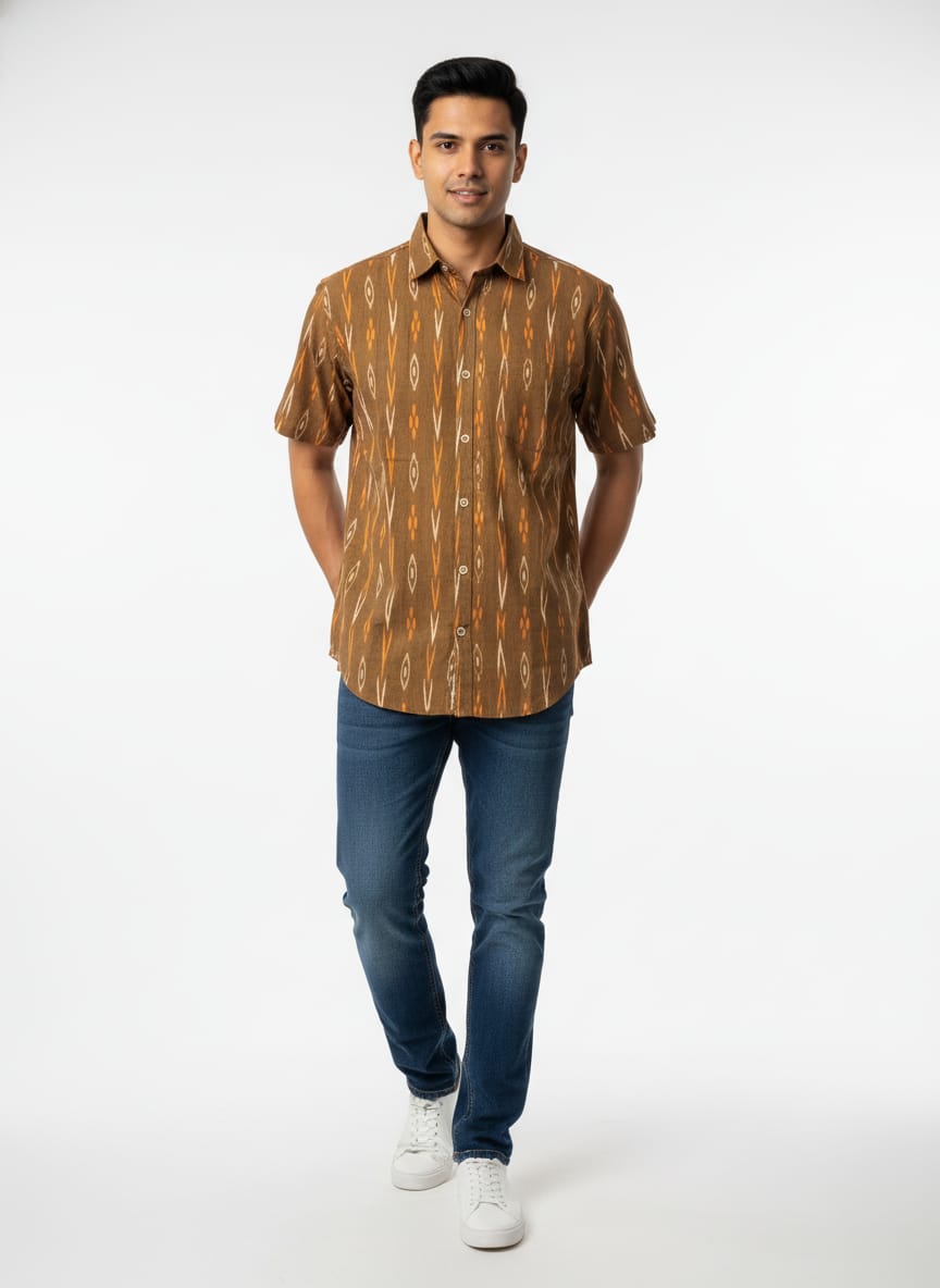 Mustard Yellow Ikat   Odisha Handloom Men's Half Shirt
