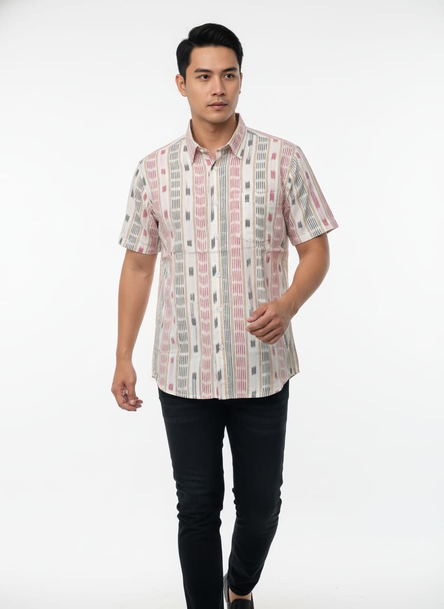 White Grey Tipa Pasapali  Odisha Handloom Men's Half Shirt