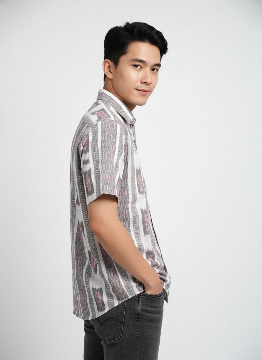 White Grey Flower Design Ikat Odisha Handloom Half Shirt