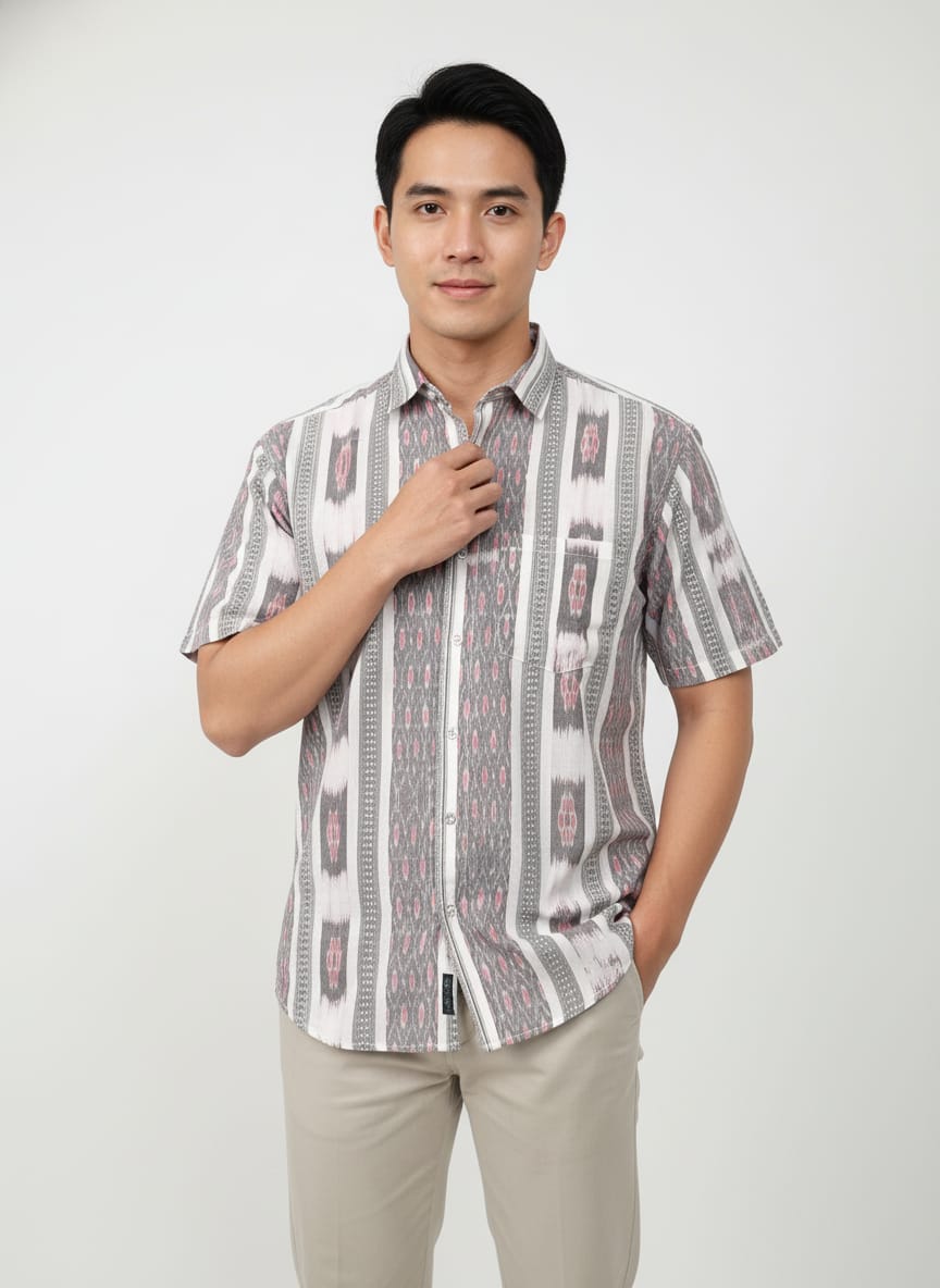 White Grey Flower Design Ikat Odisha Handloom Half Shirt