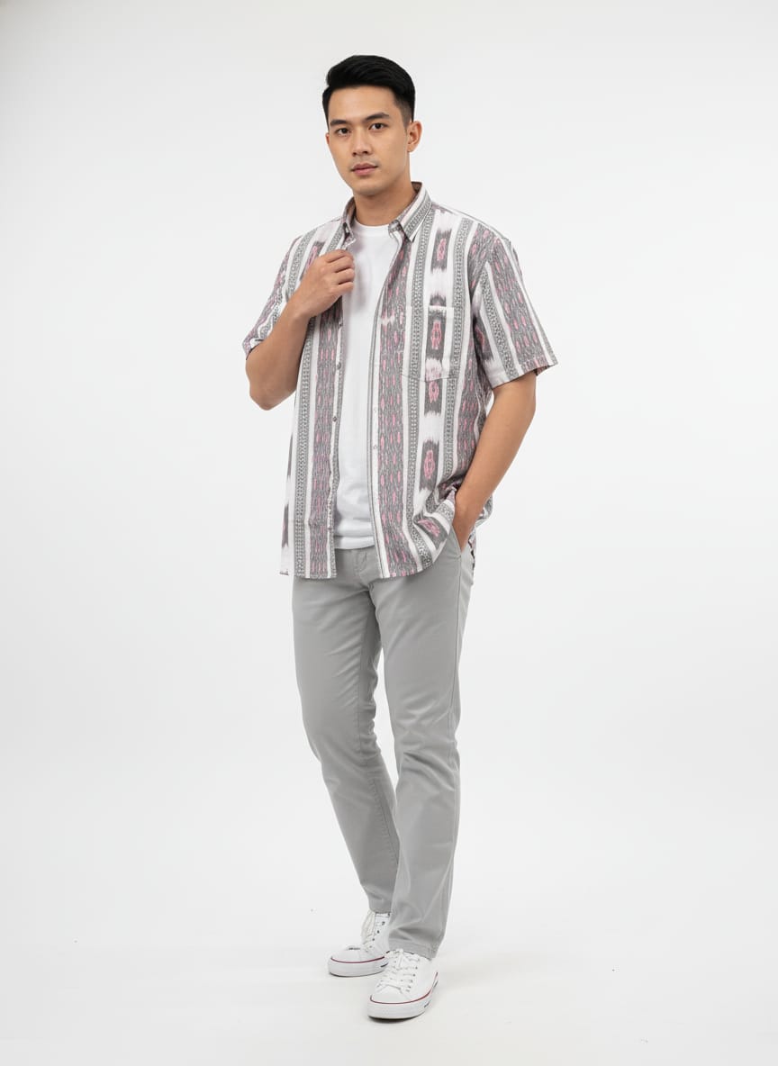 White Grey Flower Design Ikat Odisha Handloom Half Shirt