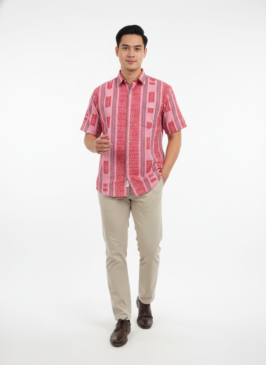 Peach Grey Flower Design Ikat Odisha Handloom Half Shirt