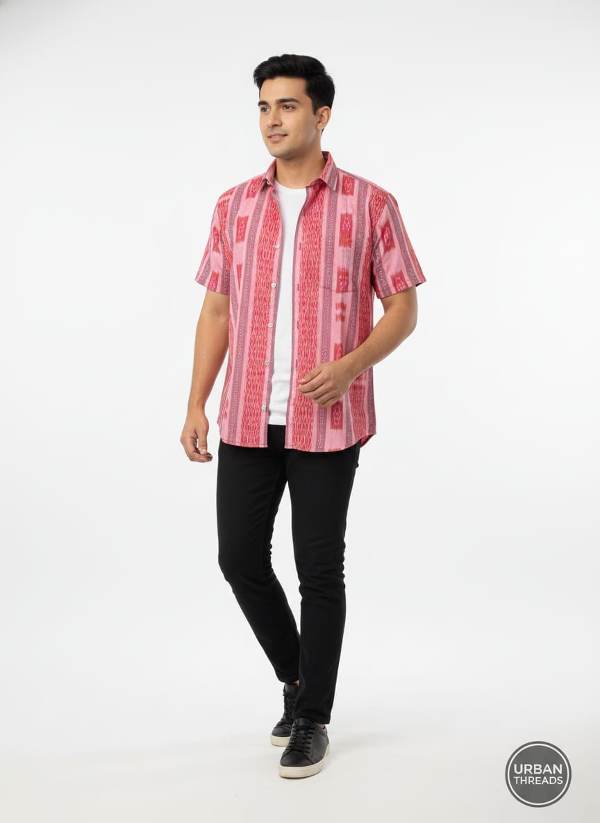 Peach Grey Flower Design Ikat Odisha Handloom Half Shirt