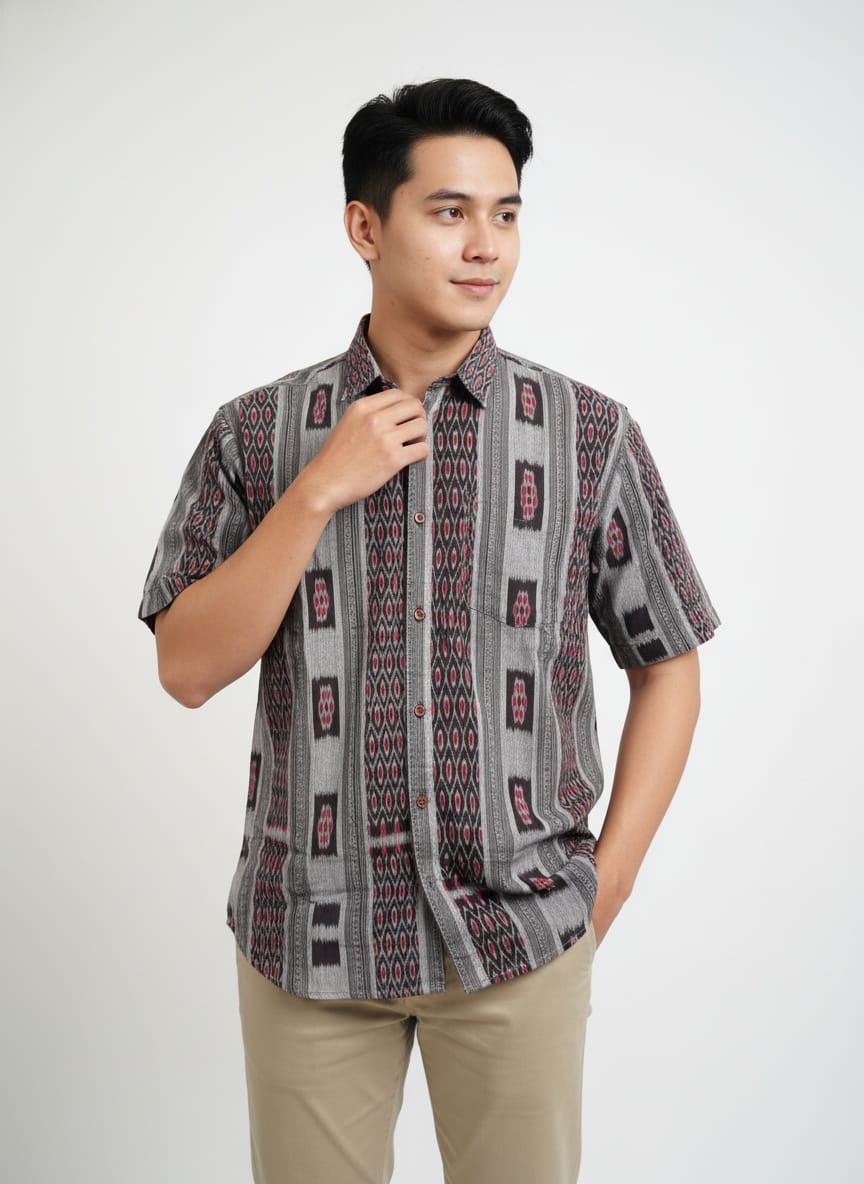 Black Grey Flower Design Ikat Odisha Handloom Half Shirt