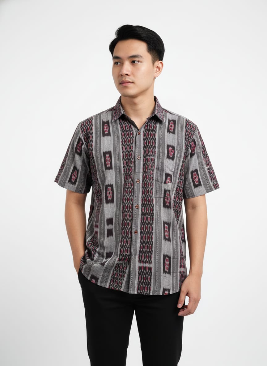 Black Grey Flower Design Ikat Odisha Handloom Half Shirt