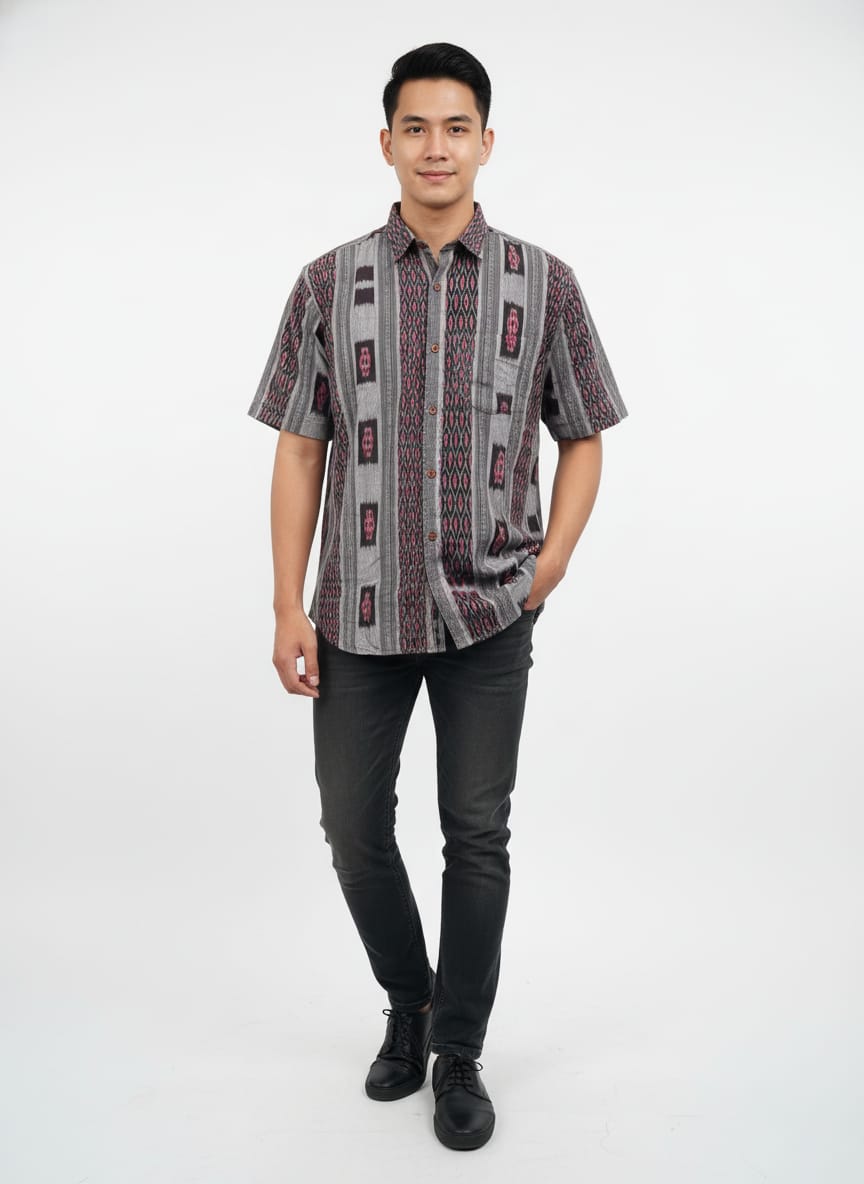 Black Grey Flower Design Ikat Odisha Handloom Half Shirt