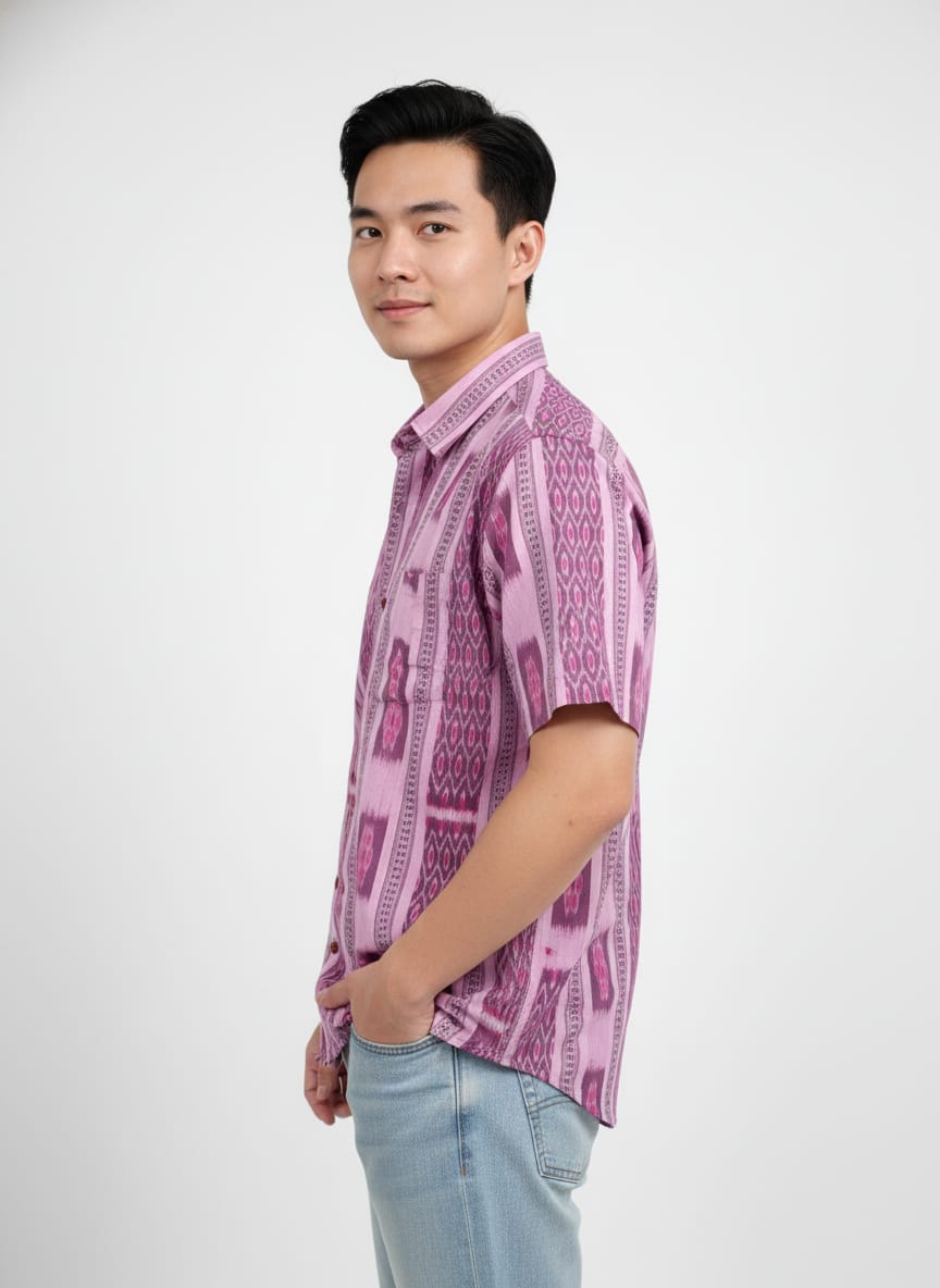 Dusty-Pink Flower Design Ikat Odisha Handloom Half Shirt