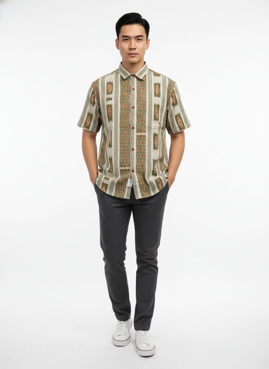 Mehendi Green Grey  Flower Design Ikat Odisha Handloom Half Shirt