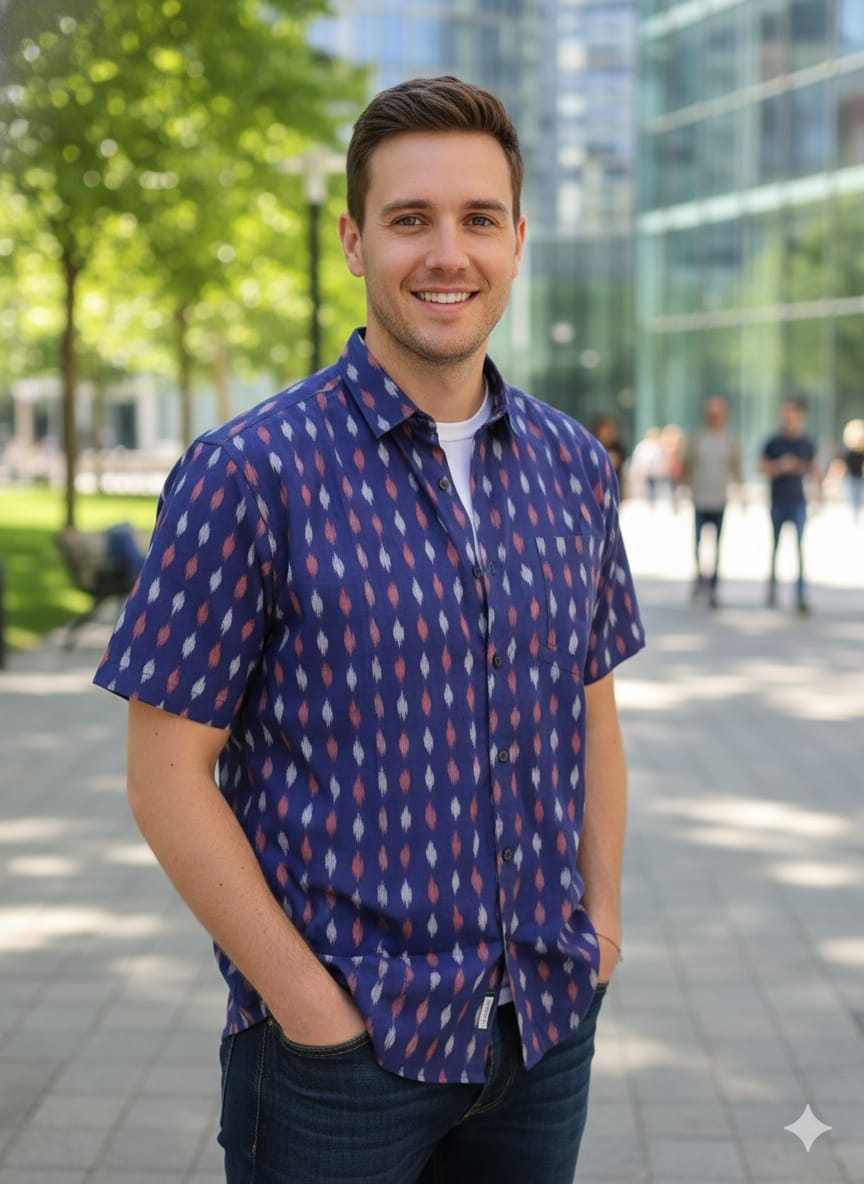 Blue White Ikat Disign Odisha Handloom Men's Half Shirt