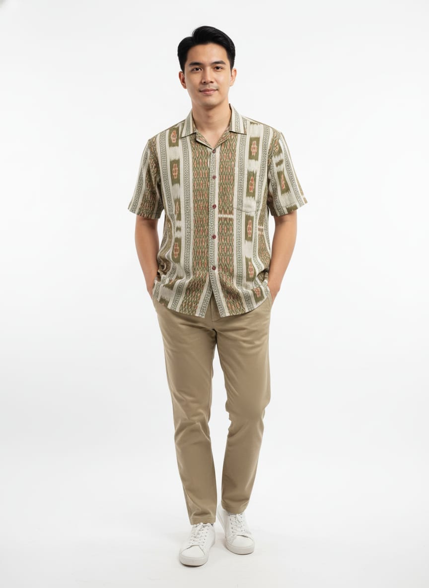 Mehendi Green Grey  Flower Design Ikat Odisha Handloom Half Shirt