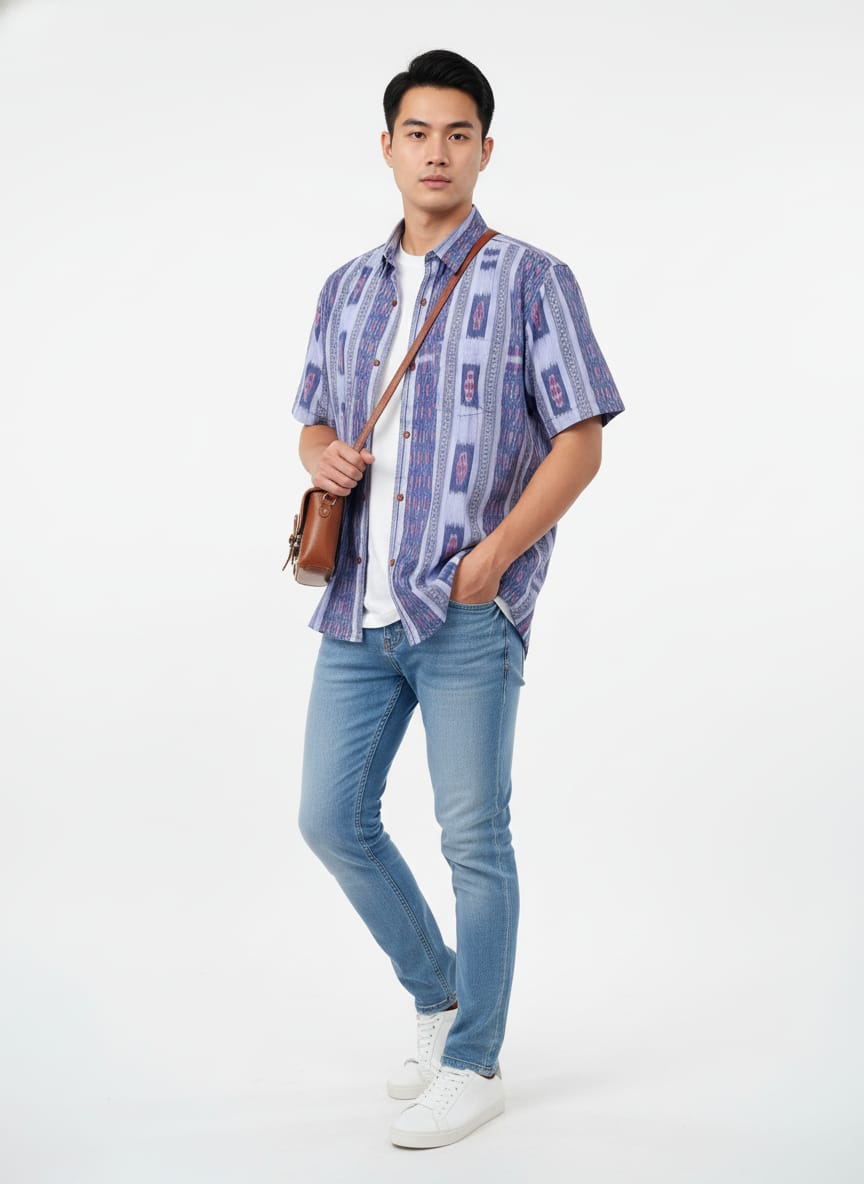 Ink Blue Flower Design Ikat Odisha Handloom Half Shirt