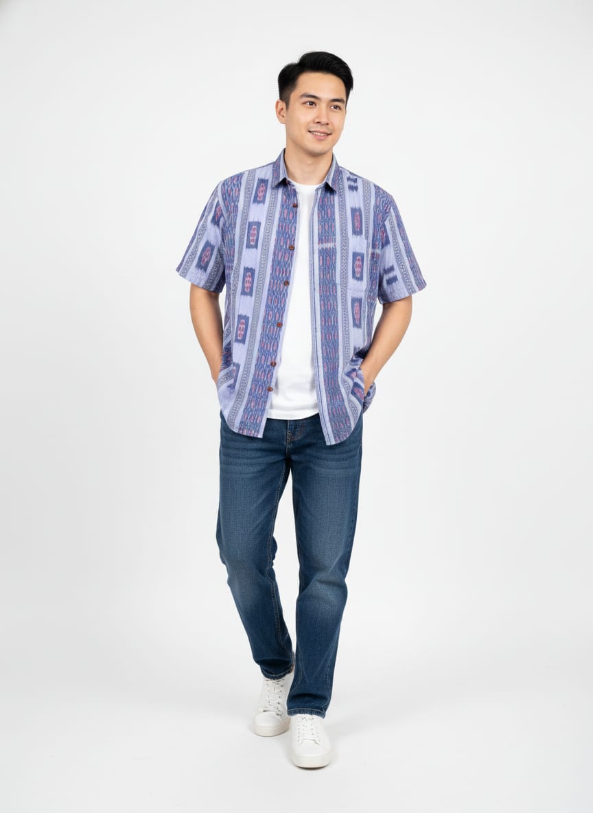 Ink Blue Flower Design Ikat Odisha Handloom Half Shirt