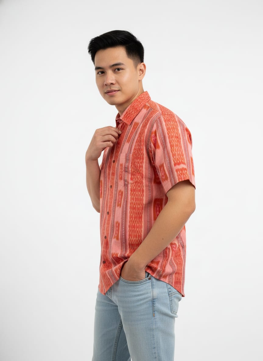 Orange Flower Design Ikat Odisha Handloom Half Shirt