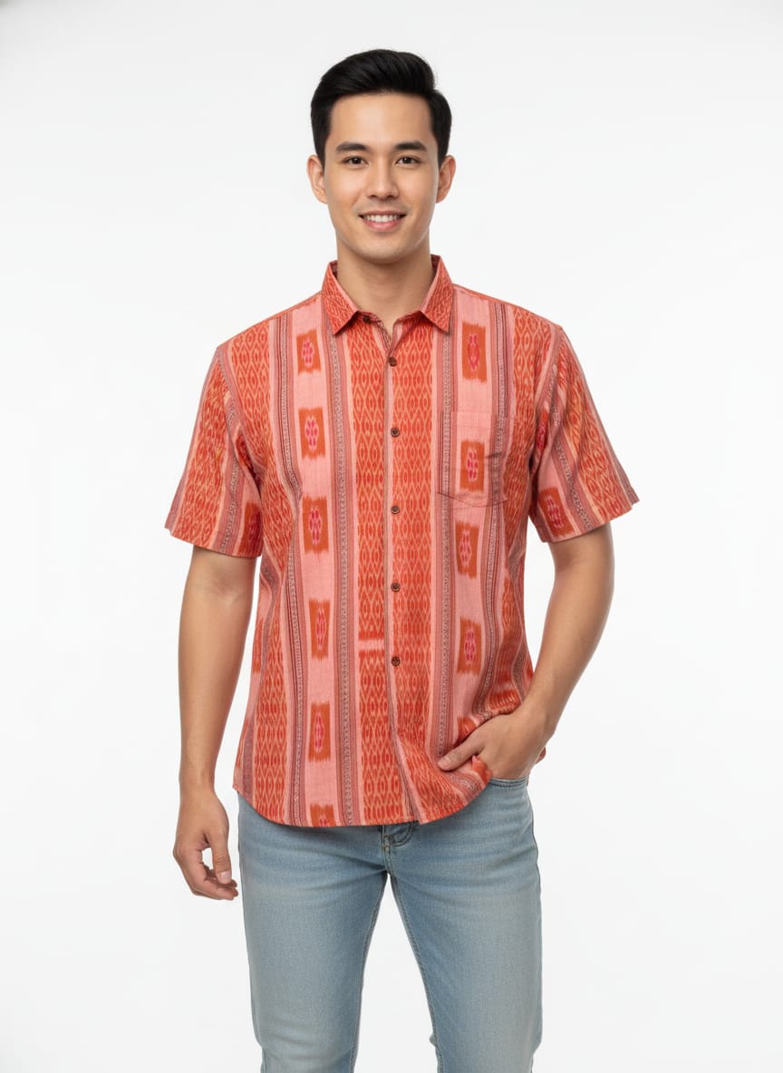 Orange Flower Design Ikat Odisha Handloom Half Shirt