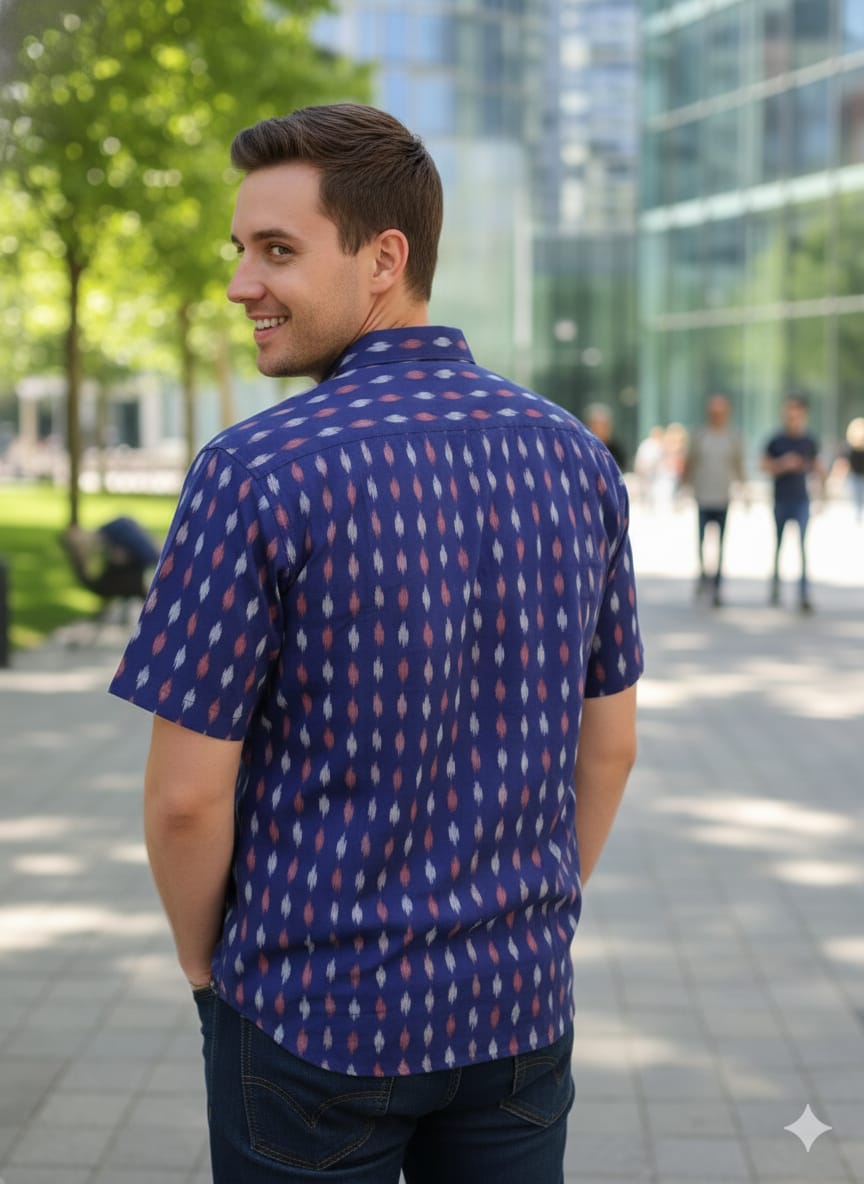 Blue White Ikat Disign Odisha Handloom Men's Half Shirt