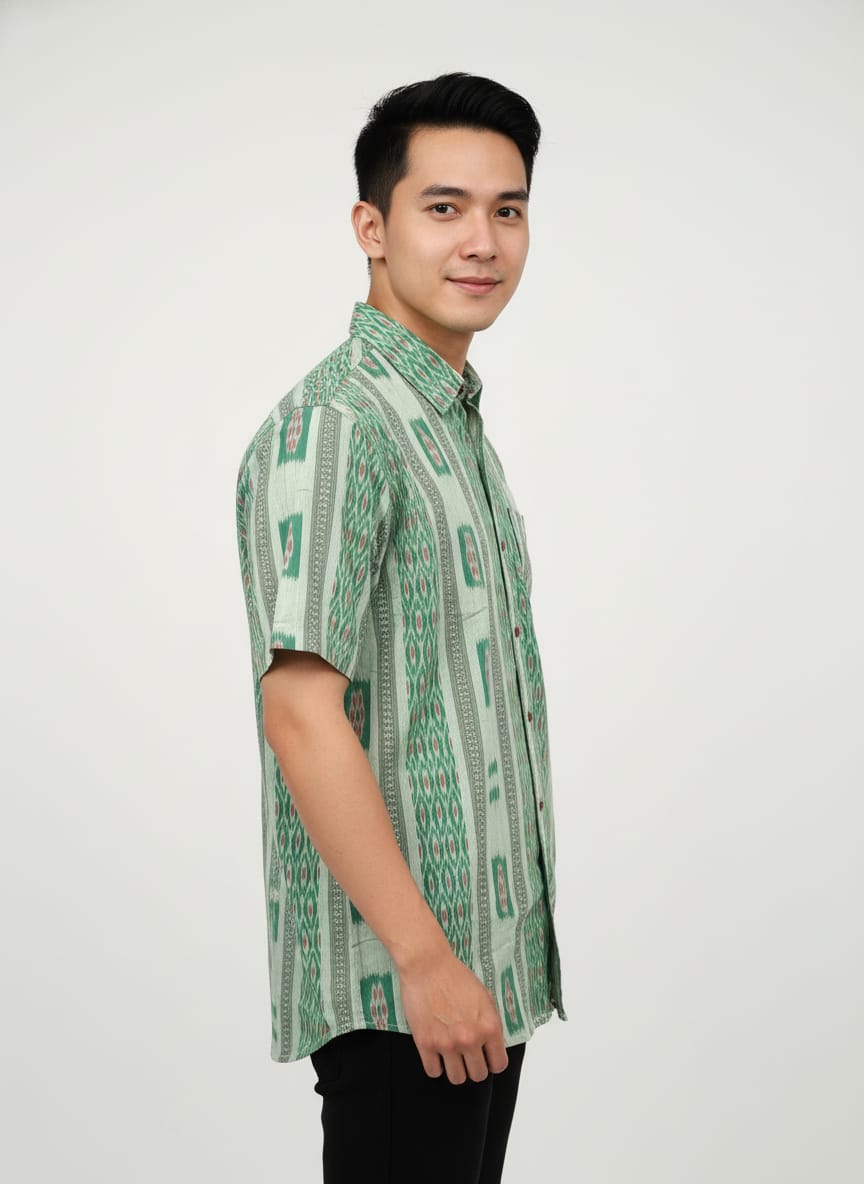 Green White Flower Design Ikat Odisha Handloom Half Shirt