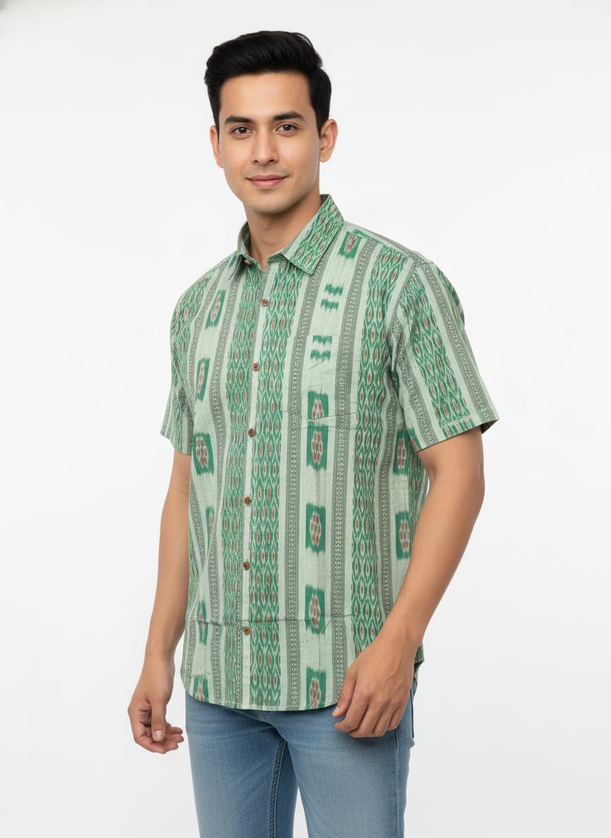 Green White Flower Design Ikat Odisha Handloom Half Shirt