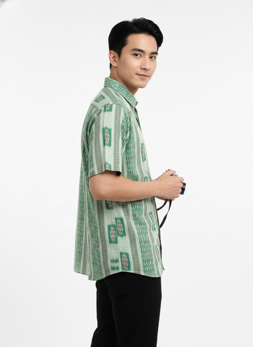 Green White Flower Design Ikat Odisha Handloom Half Shirt