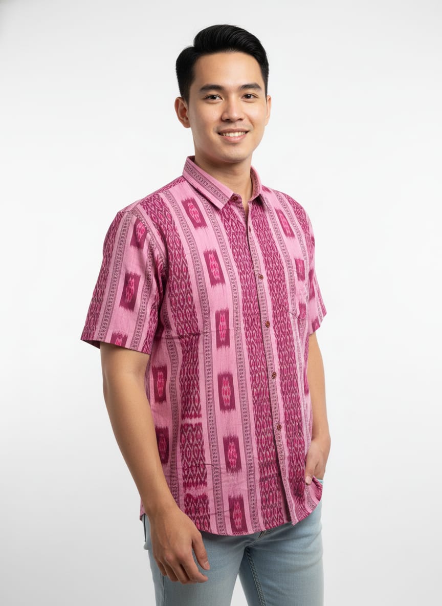 Pink Flower Design Ikat Odisha Handloom Half Shirt