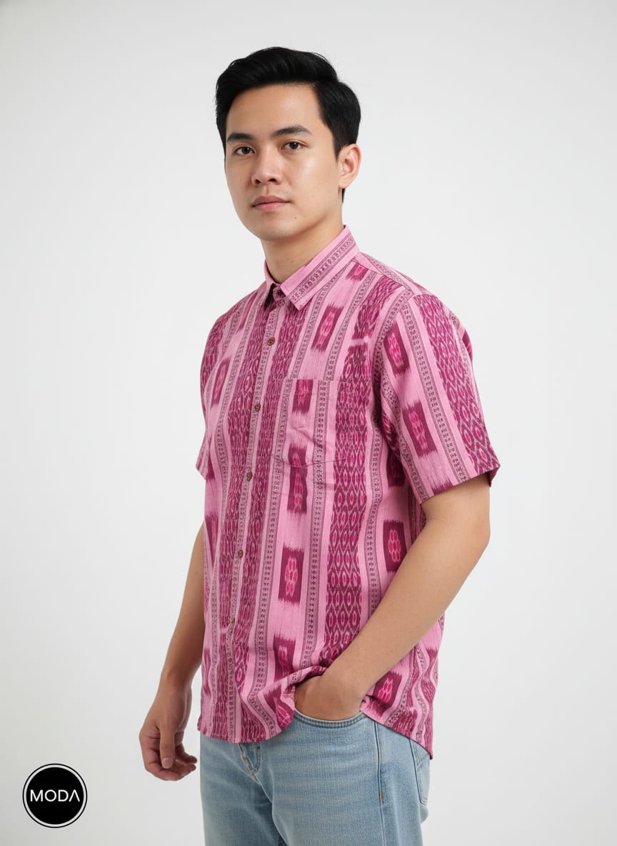 Pink Flower Design Ikat Odisha Handloom Half Shirt