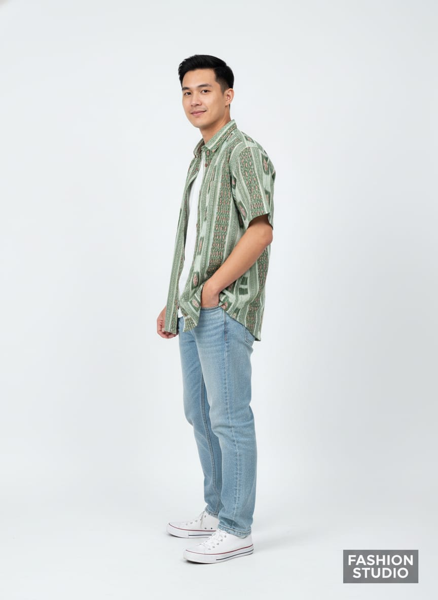 Olive Green Flower Design Ikat Odisha Handloom Half Shirt