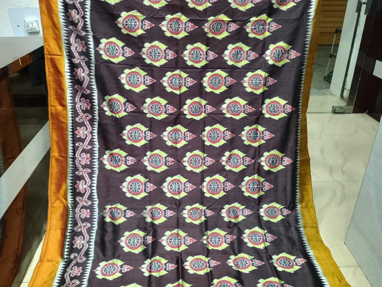 Black Mustard Yellow Neelachakra Design Mulberry Silk Saree