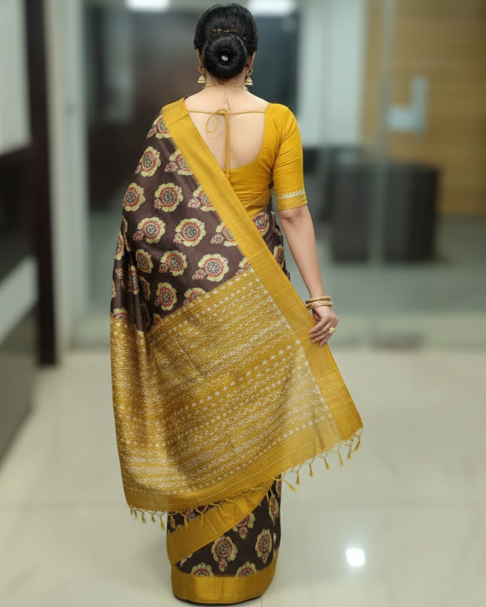 Black Mustard Yellow Neelachakra Design Mulberry Silk Saree