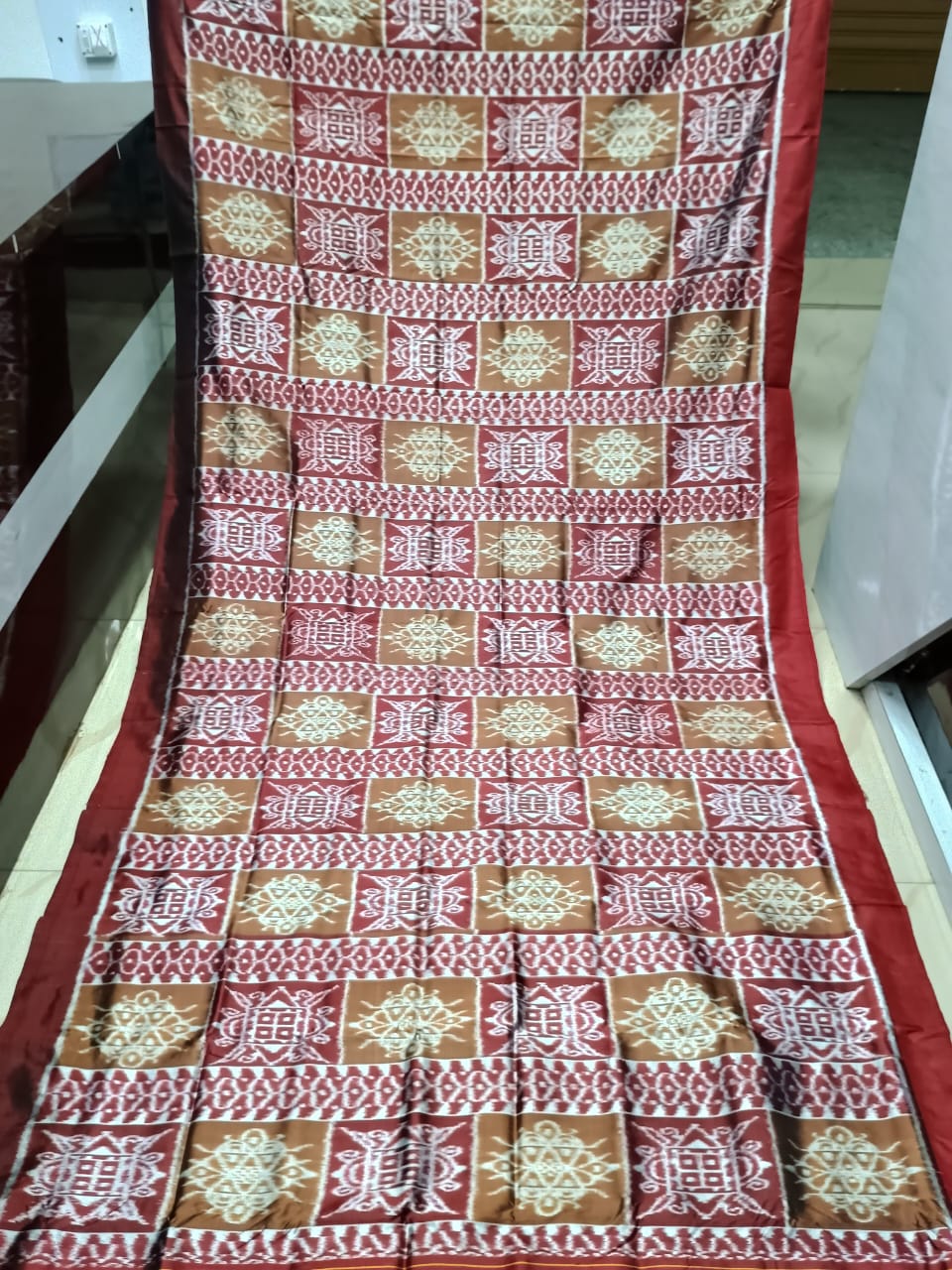 Brown Maroon Laxmi Yantra Design Mulberry Silk Saree