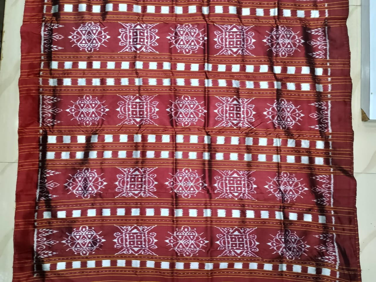 Brown Maroon Laxmi Yantra Design Mulberry Silk Saree