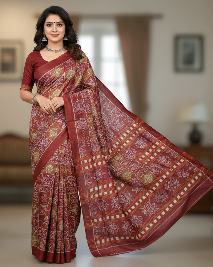 Brown Maroon Laxmi Yantra Design Mulberry Silk Saree
