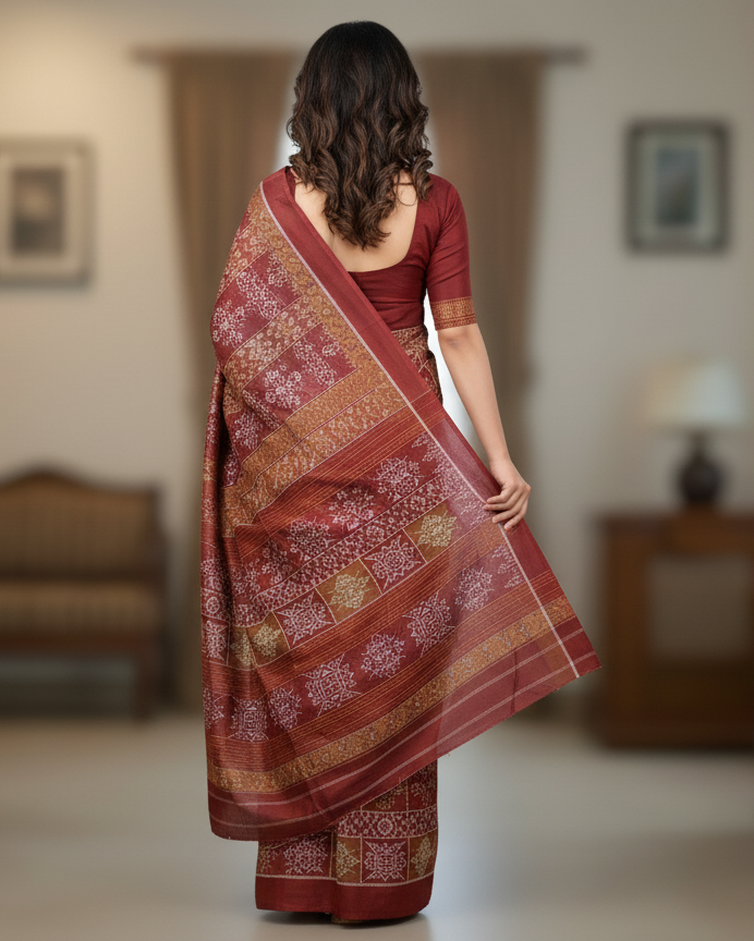 Brown Maroon Laxmi Yantra Design Mulberry Silk Saree