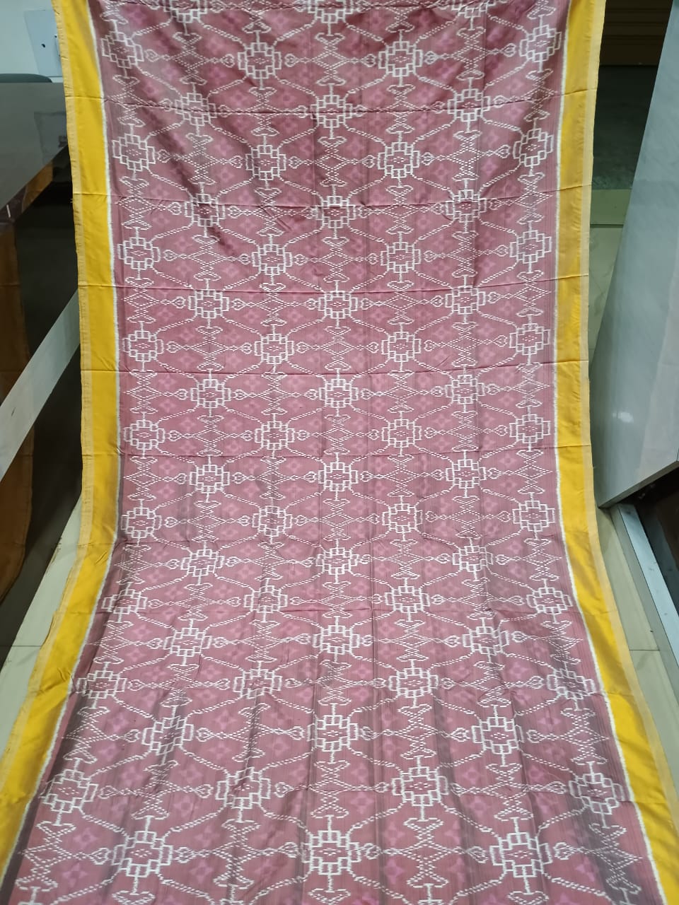 Maroon Mustard Yellow Patola Design Mulberry Silk Saree