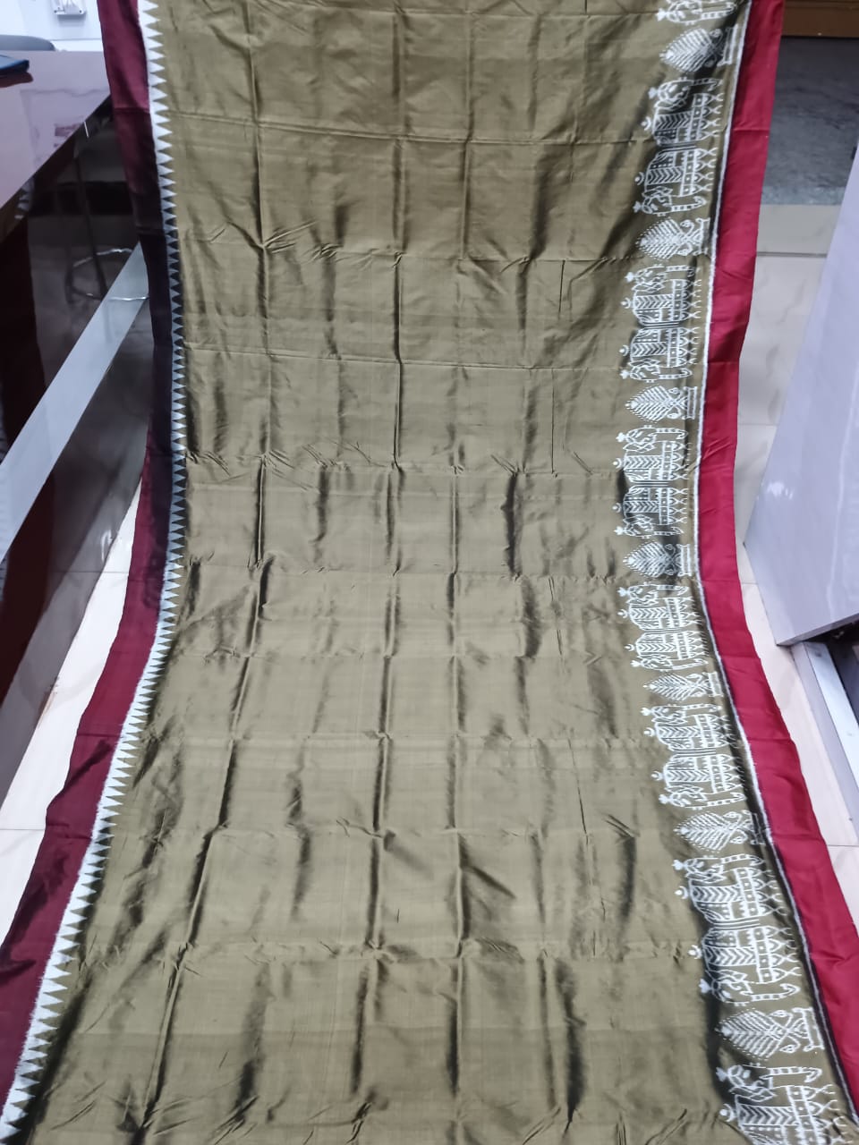 Olive Green Maroon Scot Elephant Design Mulberry Silk Saree