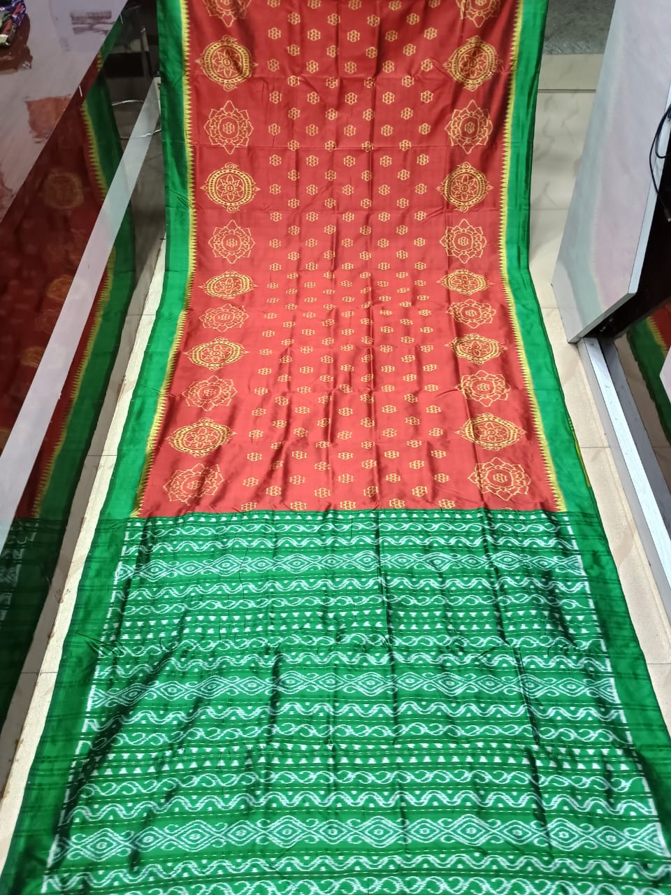 Red Green Chakra Bandha Design Mulberry Silk Saree